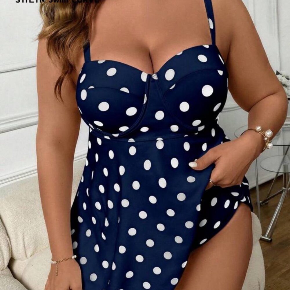 Shein Navy Polkadot Tankini